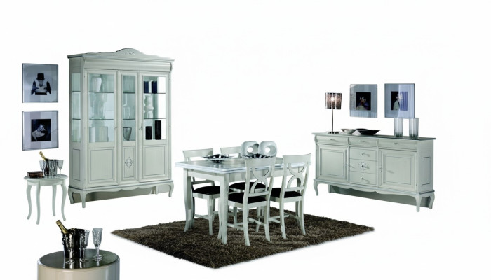 Diseño conjunto de comedor de 7 piezas de madera - cómoda, 4 sillas, mesa, vitrina. Nuevo.
