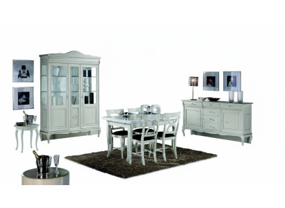 Diseño conjunto de comedor de 7 piezas de madera - cómoda, 4 sillas, mesa, vitrina. Nuevo.