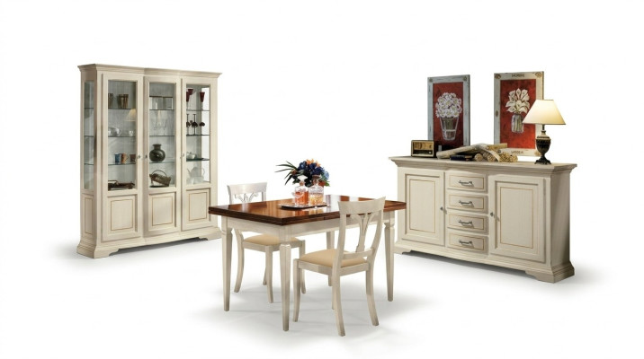 Juego de comedor de diseño de madera de 5 piezas con cómoda, 2 sillas, mesa y vitrina nuevo.