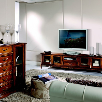 Aparador de lujo para TV, gabinete de TV en el estilo barroco italiano de diseño de muebles de madera para sala de estar.
