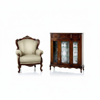 Muebles estilo barroco, comoda de madera, armario, vitrina, muebles de lujo, sillón.