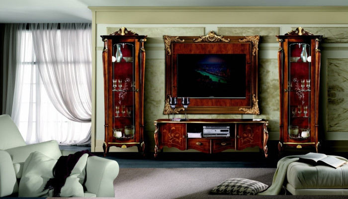 Juego de muebles de 4 piezas de mobiliario italiano con 2 vitrinas, aparador, mueble para TV y armario
