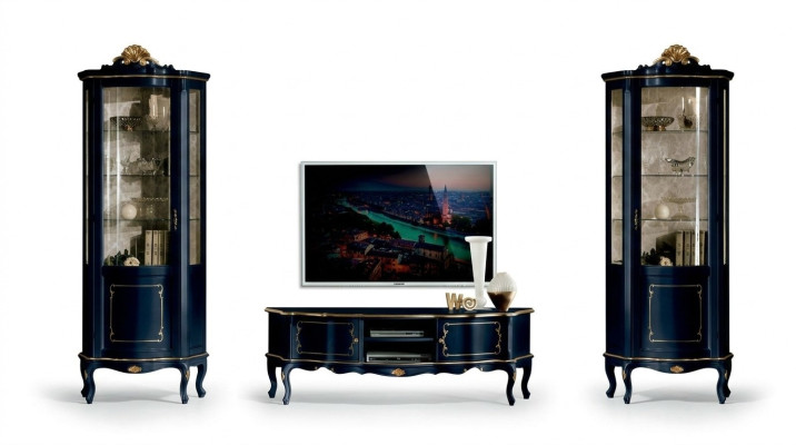 Conjunto de lujo de 3 piezas para la sala de estar con 2 vitrinas azules. Muebles de lujo italianos de estilo barroco.