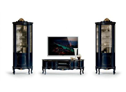 Conjunto de lujo de 3 piezas para la sala de estar con 2 vitrinas azules. Muebles de lujo italianos de estilo barroco.