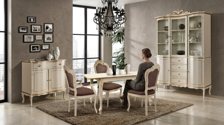 Juego de comedor de lujo de 6 piezas blanco de madera con cómoda, 3 sillas y mesa.