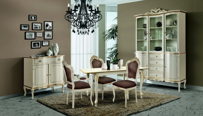 Juego de comedor de lujo de 6 piezas blanco de madera con cómoda, 3 sillas y mesa.