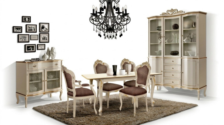 Juego de comedor de lujo de 6 piezas blanco de madera con cómoda, 3 sillas y mesa.