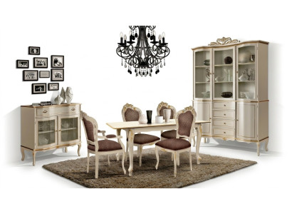 Juego de comedor de lujo de 6 piezas blanco de madera con cómoda, 3 sillas y mesa.