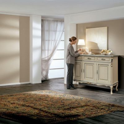Muebles de madera de lujo de Italia en blanco. Gran aparador para sala de estar. Muebles nuevos.