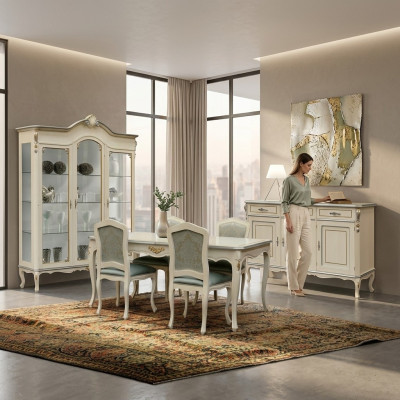 Juego de comedor de lujo de 5 piezas en blanco de madera, muebles 4 sillas mesa estilo barroco nuevo.