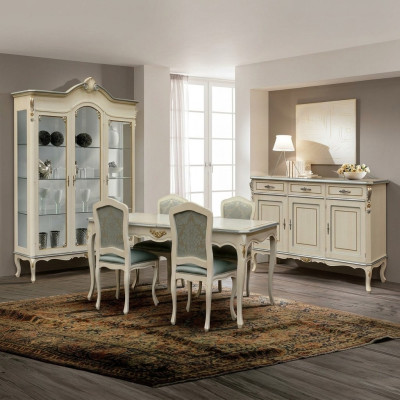 Juego de comedor de lujo de 5 piezas en blanco de madera, muebles 4 sillas mesa estilo barroco nuevo.