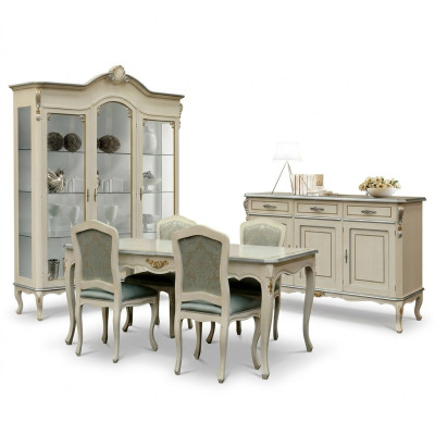 Juego de comedor de lujo de 5 piezas en blanco de madera, muebles 4 sillas mesa estilo barroco nuevo.