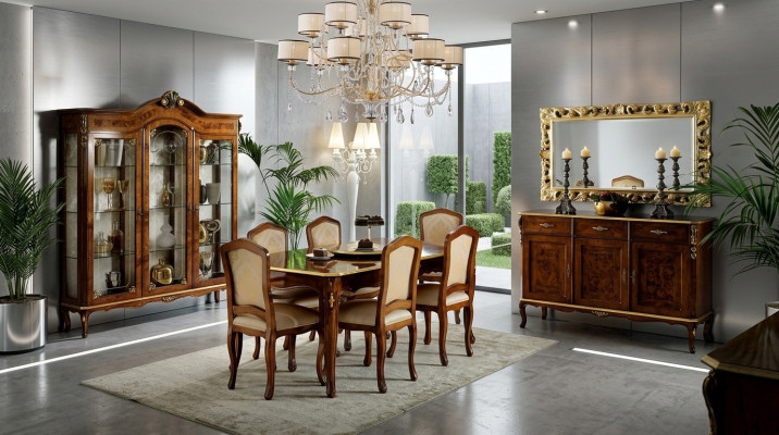Mesa de comedor, 6 sillas, vitrina, cómoda, espejo. Conjunto completo de comedor de 10 piezas.