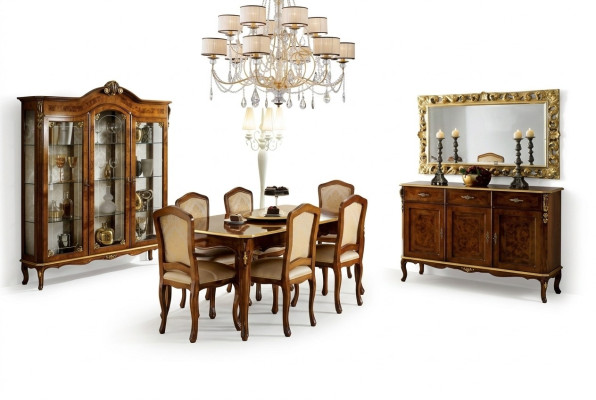 Mesa de comedor, 6 sillas, vitrina, cómoda, espejo. Conjunto completo de comedor de 10 piezas.