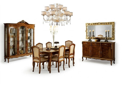 Mesa de comedor, 6 sillas, vitrina, cómoda, espejo. Conjunto completo de comedor de 10 piezas.