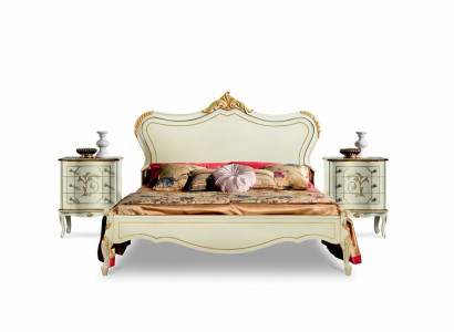 Cama de lujo de 160x195 cm con cabecero de madera y 2 mesitas de noche. Muebles italianos nuevos.