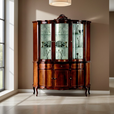 Muebles clásicos de madera en color marrón. Vitrina elegante de diseño. Muebles italianos.