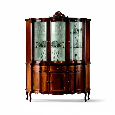 Muebles clásicos de madera en color marrón. Vitrina elegante de diseño. Muebles italianos.