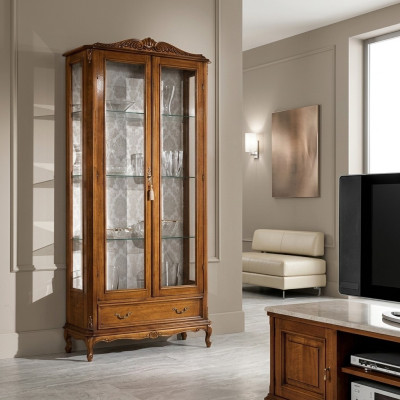 Diseñador de lujo vitrina de madera marrón 2 puertas de vidrio 1 cajón Muebles italianos