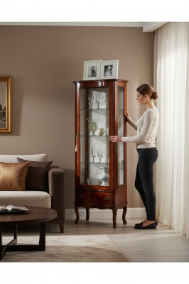 Mueble italiano de lujo con vitrina de madera, armario marrón y puertas de vidrio diseño aparador.