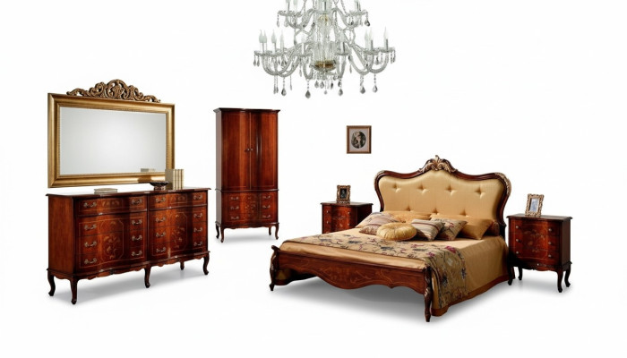 Juego de dormitorio de 3 piezas: cama y 2 mesitas de noche. Muebles barrocos italianos nuevos.
