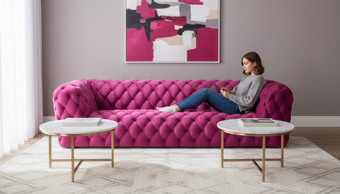 Gran sofá Chesterfield XXL rosa de 4 plazas, tapizado en tela, 250 cm nuevo.