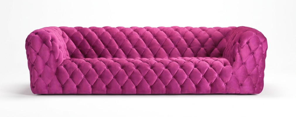 Gran sofá Chesterfield XXL rosa de 4 plazas, tapizado en tela, 250 cm nuevo.