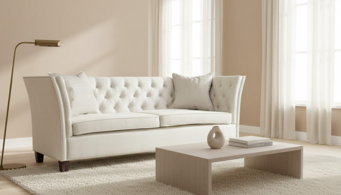Sofá Beige Chesterfield de tres plazas muebles tapizados para hoteles, consultorios y salas de estar.