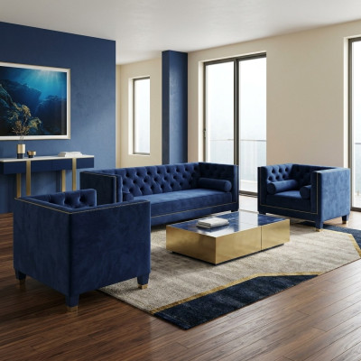 Chesterfield conjunto de sofá azul de 3 piezas con tapicería de asientos y cojines.