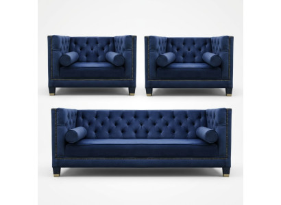 Chesterfield conjunto de sofá azul de 3 piezas con tapicería de asientos y cojines.