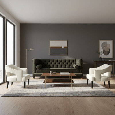 Chesterfield + 2 sillones negro blanco XXL Big Textil tela Sofás creativos