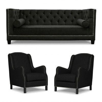 Sofá negro de tres plazas con dos sillones tapizados, juego de sofás 3+1+1.