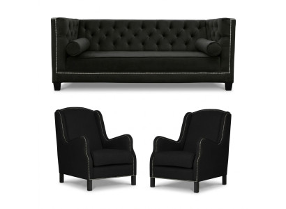 Sofá negro de tres plazas con dos sillones tapizados, juego de sofás 3+1+1.