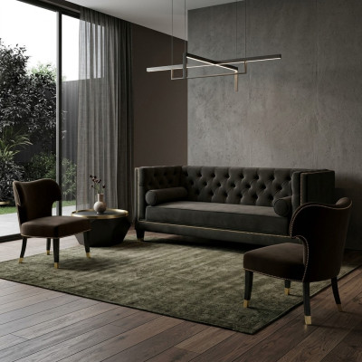 Sillón Chesterfield negro extra grande de tela, conjunto de muebles tapizados.