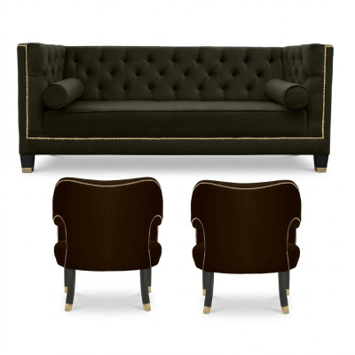 Sillón Chesterfield negro extra grande de tela, conjunto de muebles tapizados.