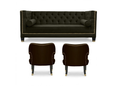 Sillón Chesterfield negro extra grande de tela, conjunto de muebles tapizados.