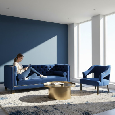 Conjunto de sofá Chesterfield azul de lujo: sillón individual + sofá de tres plazas 3+1+1