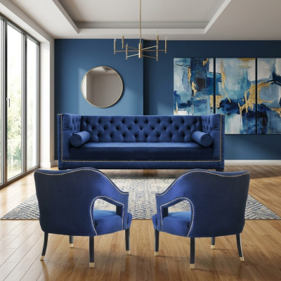 Conjunto de sofá Chesterfield azul de lujo: sillón individual + sofá de tres plazas 3+1+1