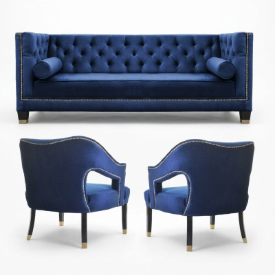 Conjunto de sofá Chesterfield azul de lujo: sillón individual + sofá de tres plazas 3+1+1
