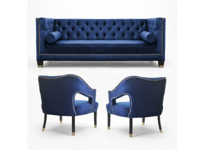 Conjunto de sofá Chesterfield azul de lujo: sillón individual + sofá de tres plazas 3+1+1