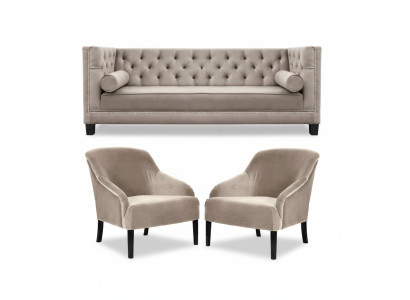 Chesterfield Sofá Beige Conjunto de muebles de lujo Textil Tela Sofás Grupo Nuevo