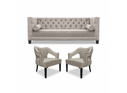 Conjunto de sofá Chesterfield beige con tapizado de asientos, conjunto de 3 piezas.