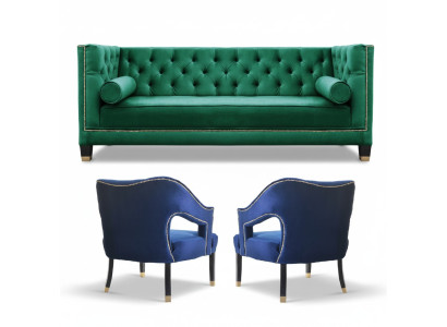 Verde juego de sofá de 3 piezas Chesterfield de terciopelo.
