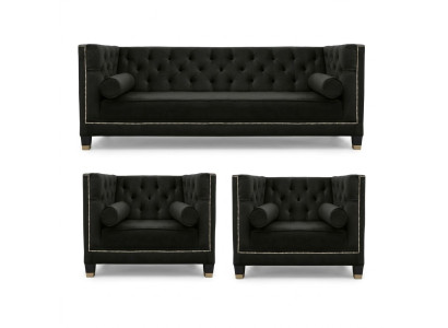 Conjunto de sofás Chesterfield para la sala de estar negros, sillón de tres plazas, 3 piezas