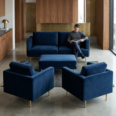 Grupo de sofás, sillón, taburete, muebles, textil, tela, azul, sofá de dos plazas, sala de estar, nuevo.