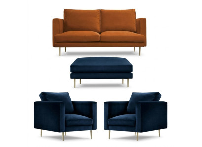 Sofá naranja con otomana y sillón, muebles creativos de tela para la sala de estar.