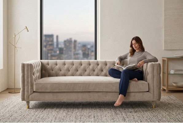 Muebles beiges. Sofá Chesterfield de 4 plazas de terciopelo XXL. Sofá de tela de gran formato.