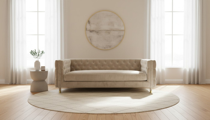 Muebles beiges. Sofá Chesterfield de 4 plazas de terciopelo XXL. Sofá de tela de gran formato.