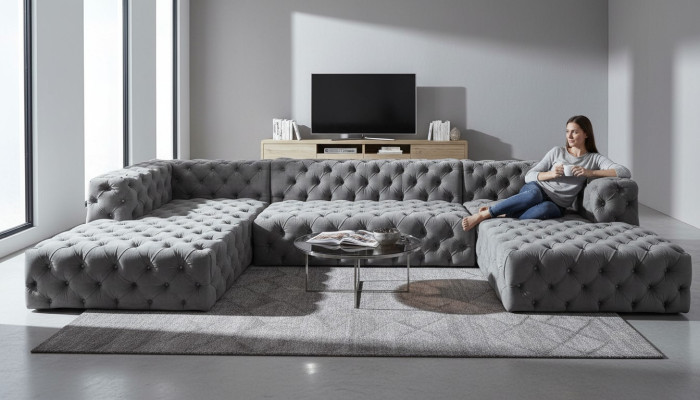 Sofá Chesterfield en forma de U gris XXL grande de tela textil, lujo muebles tapizados.