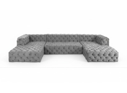 Sofá Chesterfield en forma de U gris XXL grande de tela textil, lujo muebles tapizados.